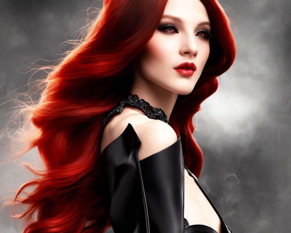 Portrait of a woman with flowing red hair and dark eye makeup against misty grey background