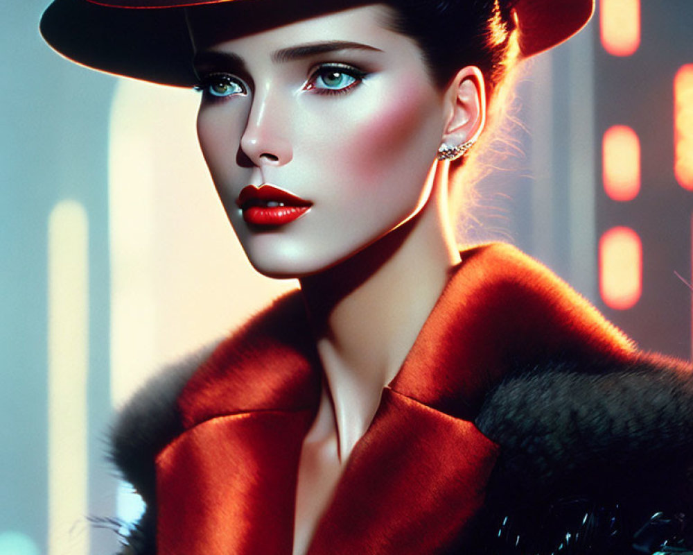 Woman with Striking Makeup and Wide-Brimmed Hat in Neon-Lit Night Scene