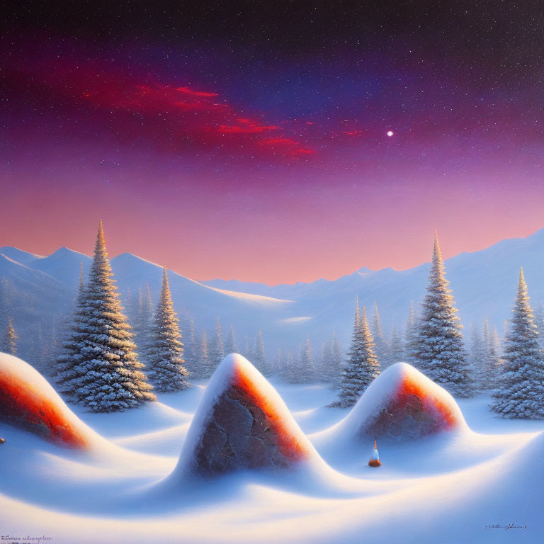 Snow-covered hills and evergreen trees in twilight sky with star: Winter landscape painting