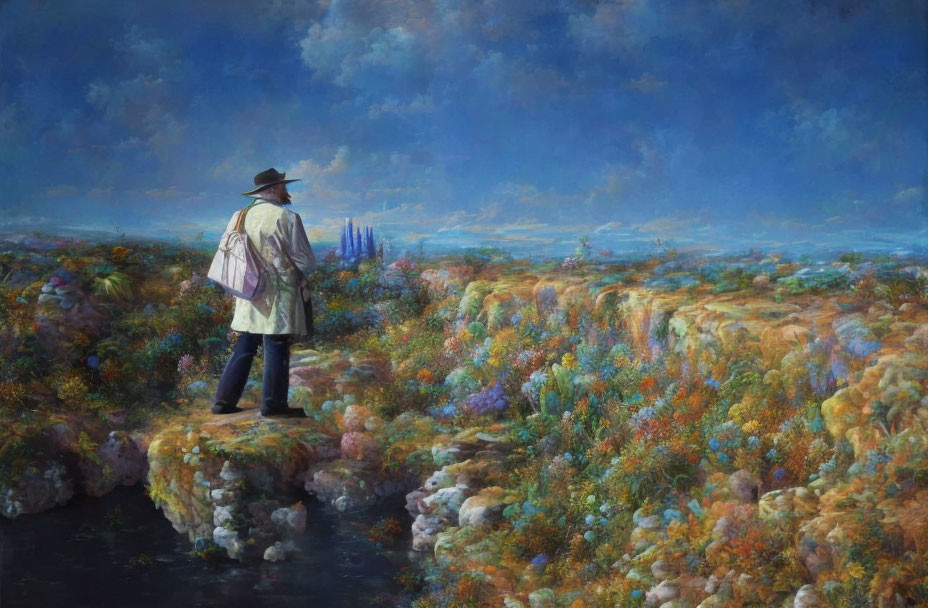 Person in hat and coat on rocky ledge overlooking vast flower-covered landscape under cloudy sky