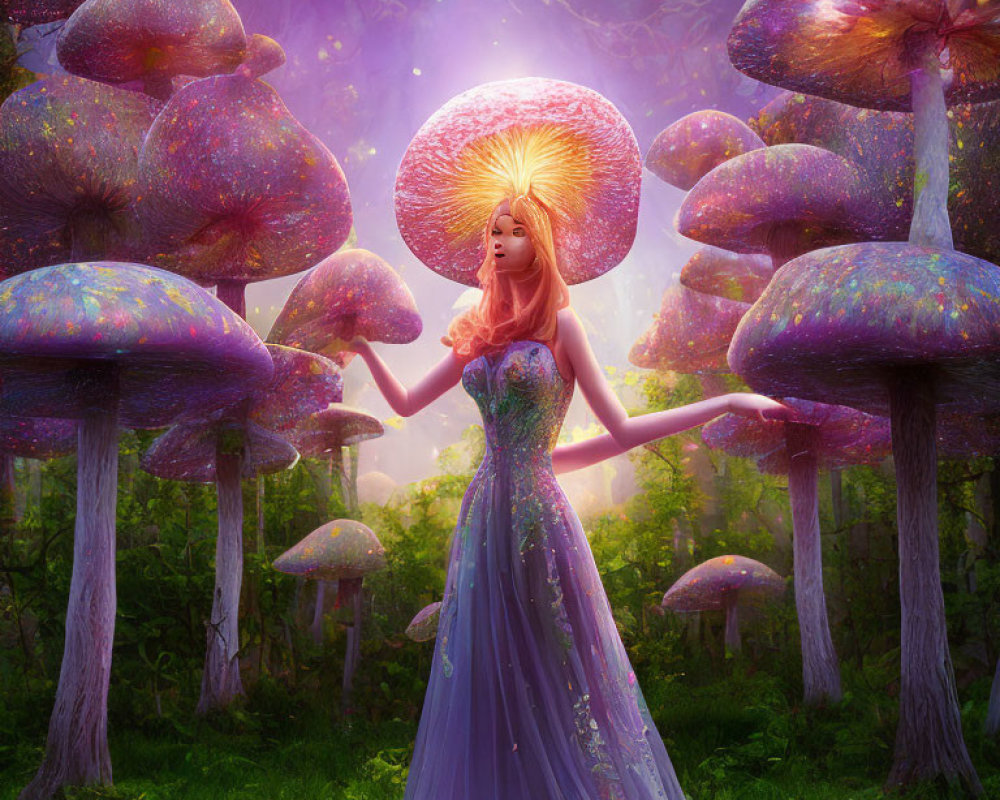 Woman in flowing dress surrounded by iridescent mushrooms in mystical forest