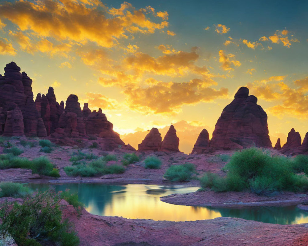 Reddish Rock Formations in Desert Sunset Landscape
