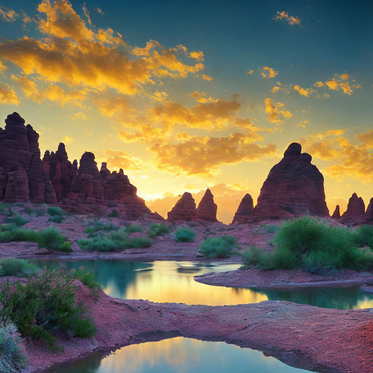 Reddish Rock Formations in Desert Sunset Landscape