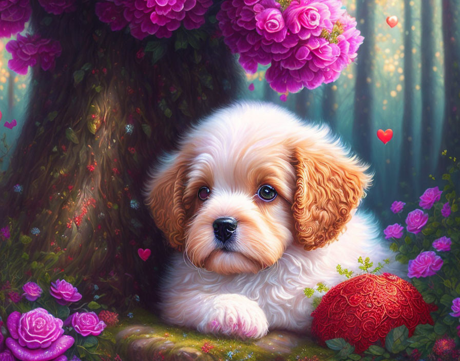 Fluffy brown and white puppy with heart pillow and flowers in a whimsical setting