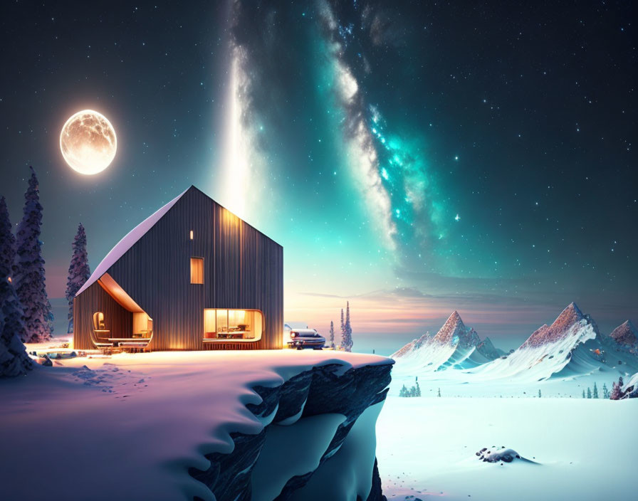 Contemporary house under starry sky with northern lights, full moon, snow-covered landscape.