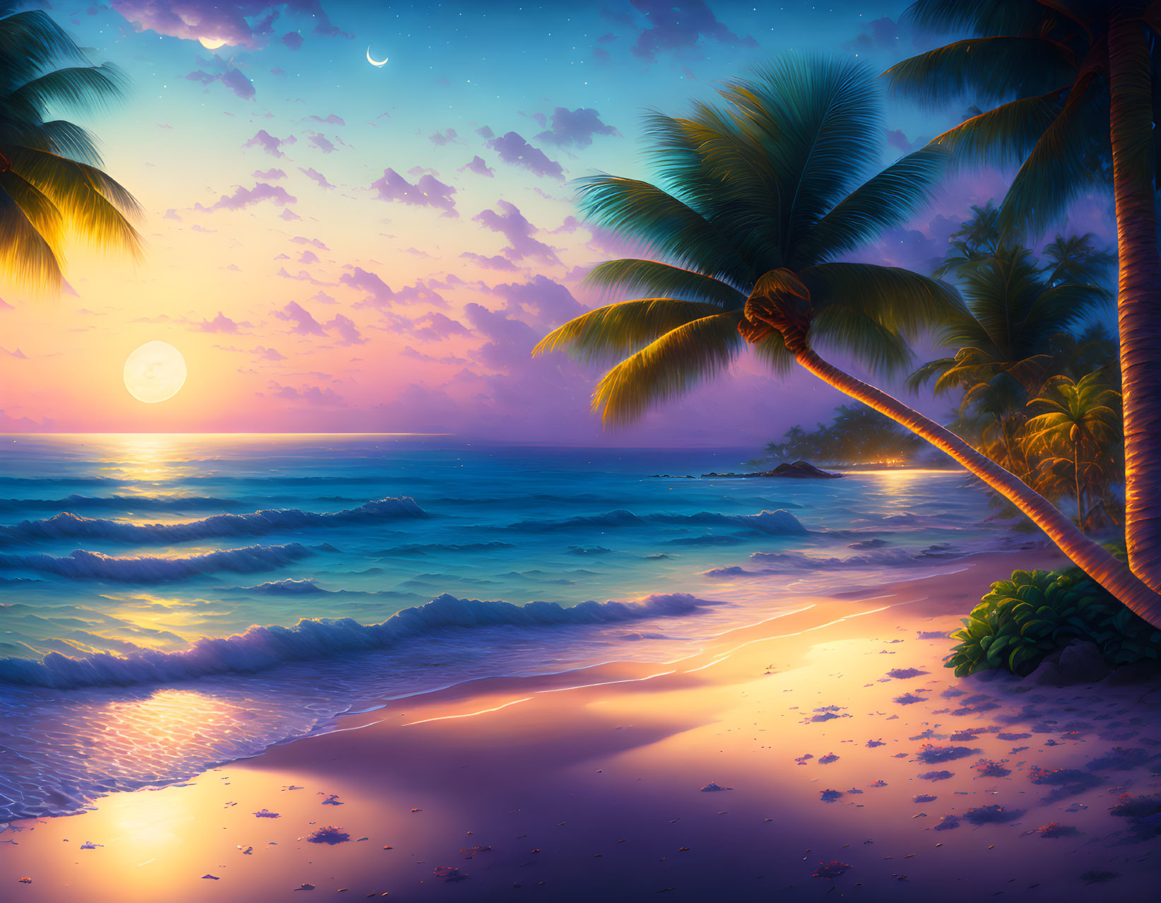 Tranquil Beach Sunset with Crescent Moon and Palm Tree