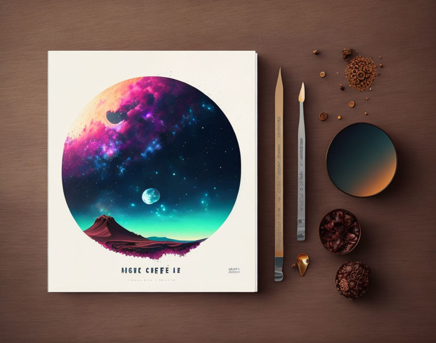 Colorful Space-Themed Artwork with Planets and Art Tools on Wooden Surface