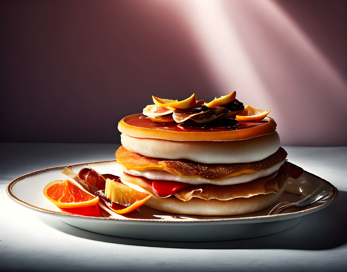 Fluffy pancakes with orange slices and syrup on ornate plate
