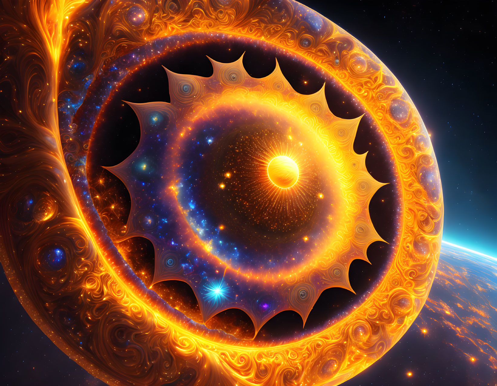 Colorful Fractal Artwork: Circular Portal with Fiery Orange and Cool Blue Details