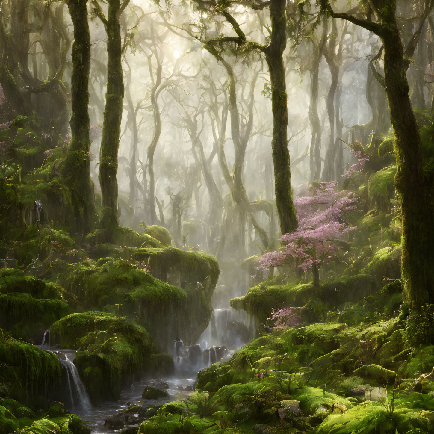 Misty forest with sunbeams, green moss, pink tree, and babbling brooks.