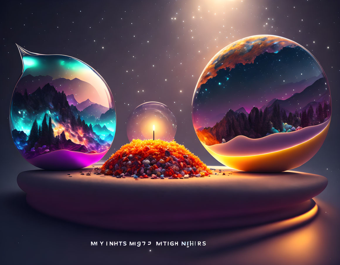 Digital artwork: Daytime and nighttime terrariums with mountain landscapes, glowing embers, and candle