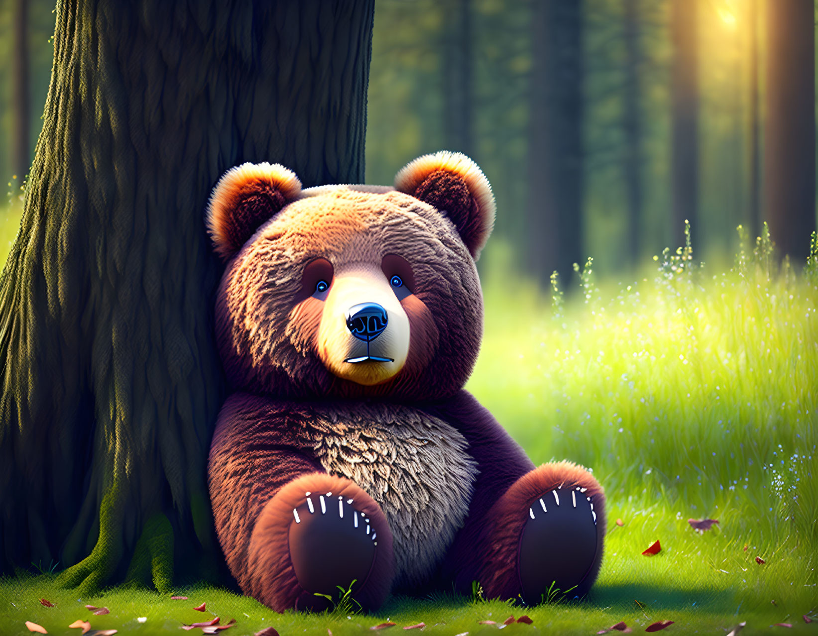 Plush teddy bear in sunlit forest clearing