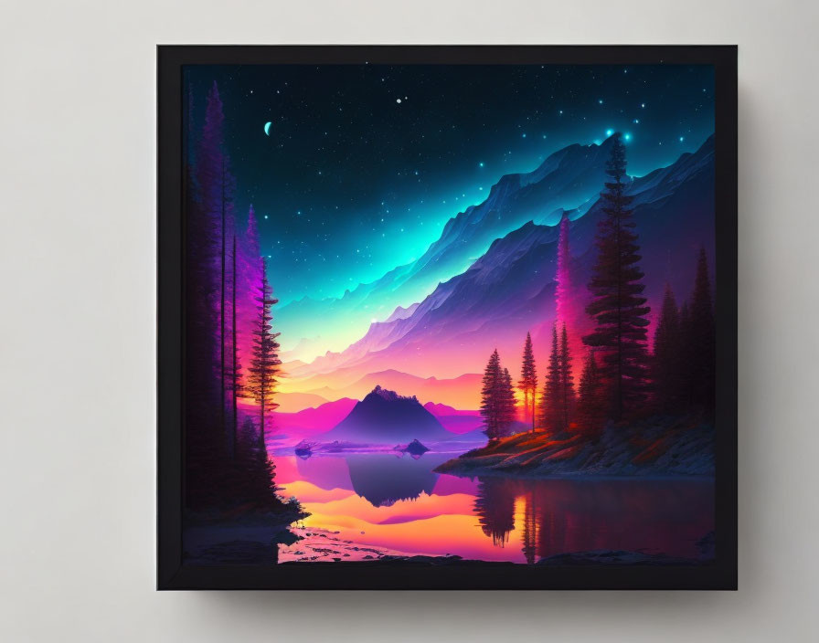 Colorful Night Mountain Landscape with Lake and Pine Trees