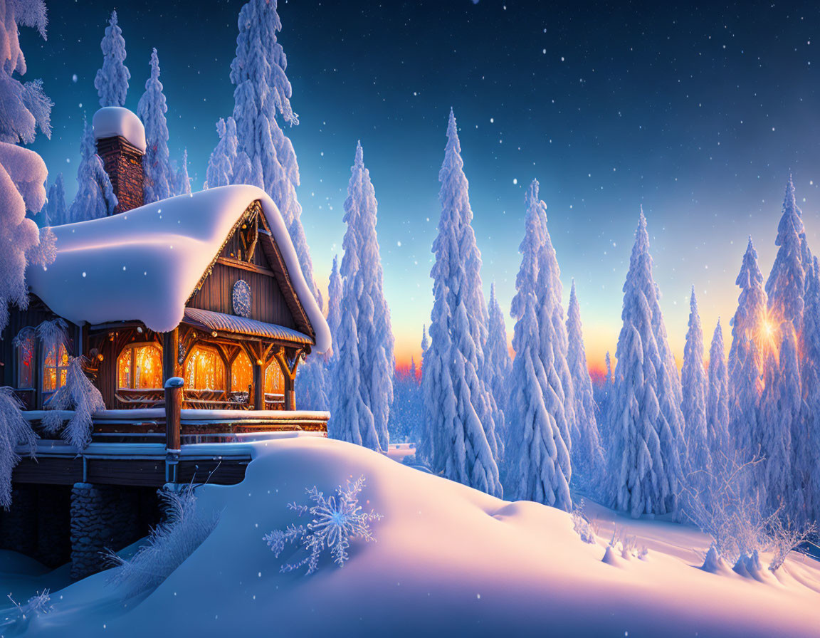 Snowy forest log cabin under starry twilight sky