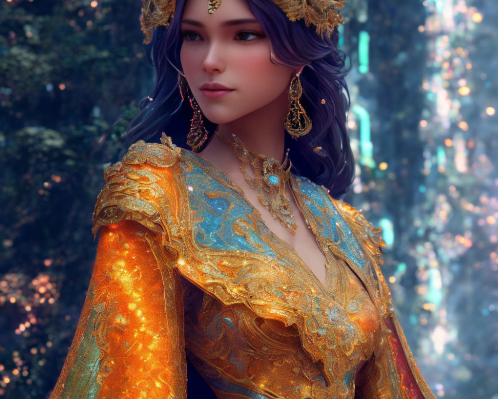 Woman with Blue Hair in Golden Headdress and Dress in Mystical Forest