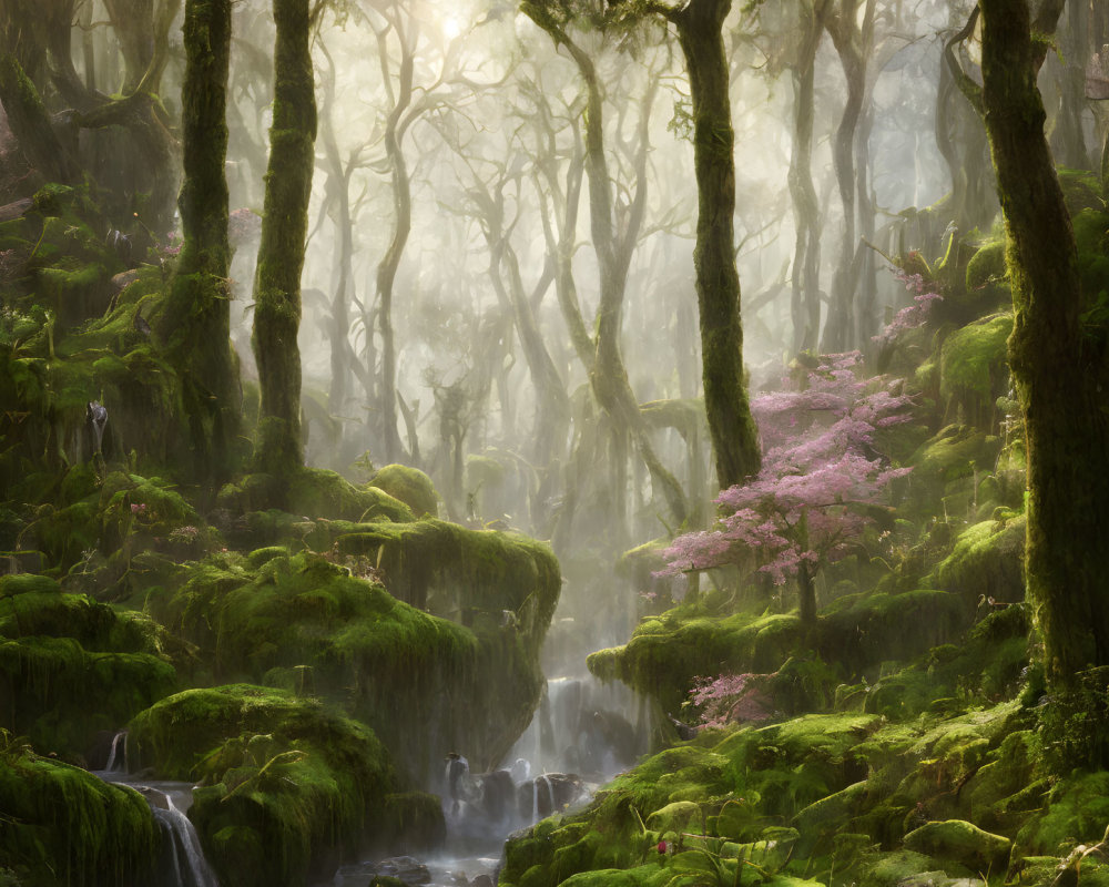 Misty forest with sunbeams, green moss, pink tree, and babbling brooks.