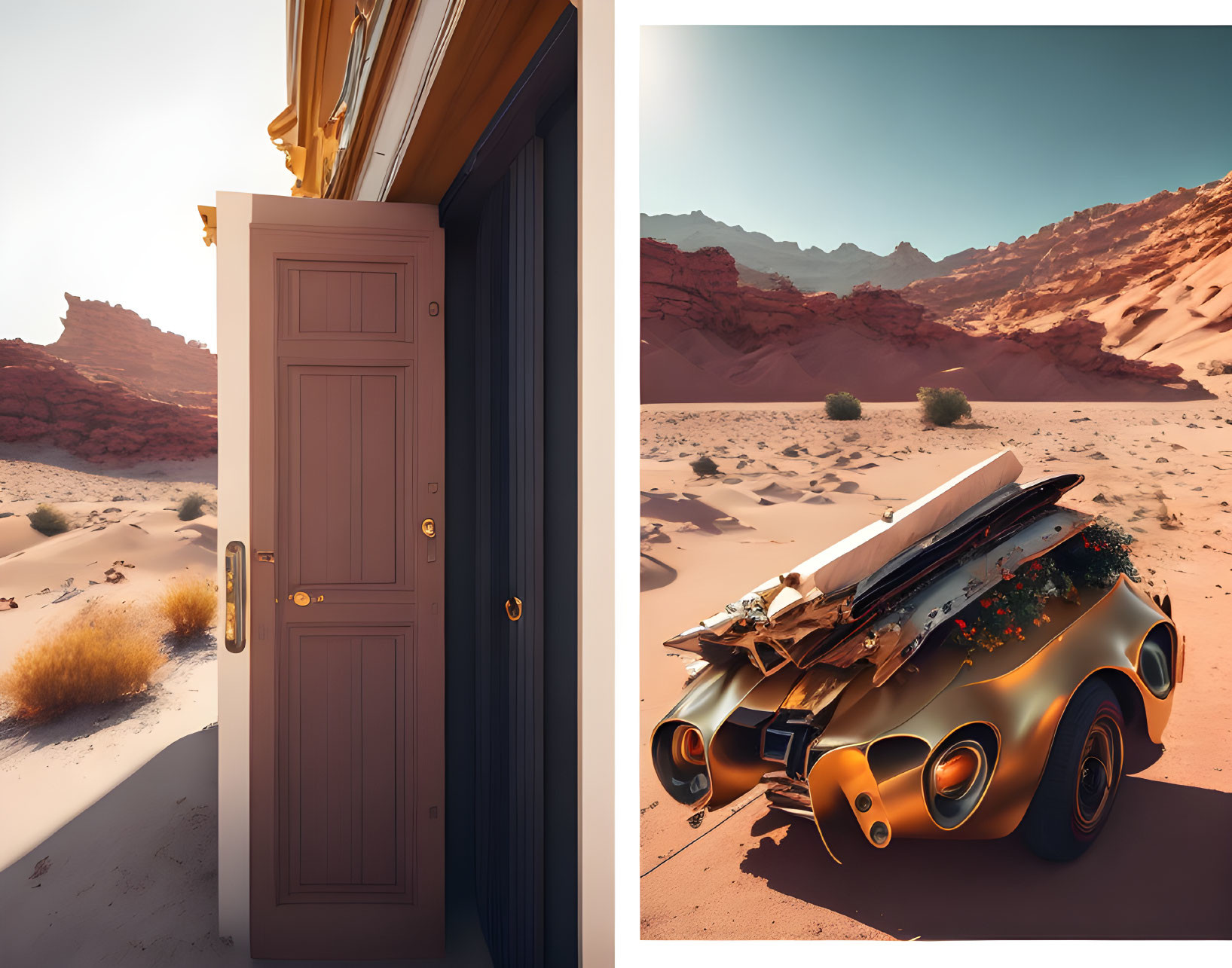 Wooden door reveals futuristic orange car in desert with rocky terrain