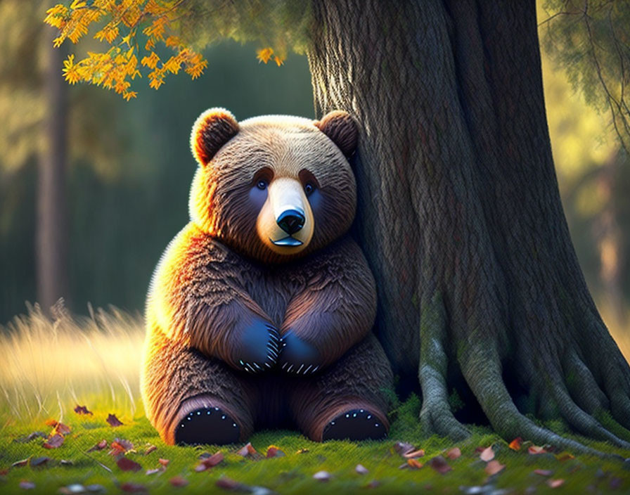 Plush toy bear sitting by tree in forest with autumn sunlight