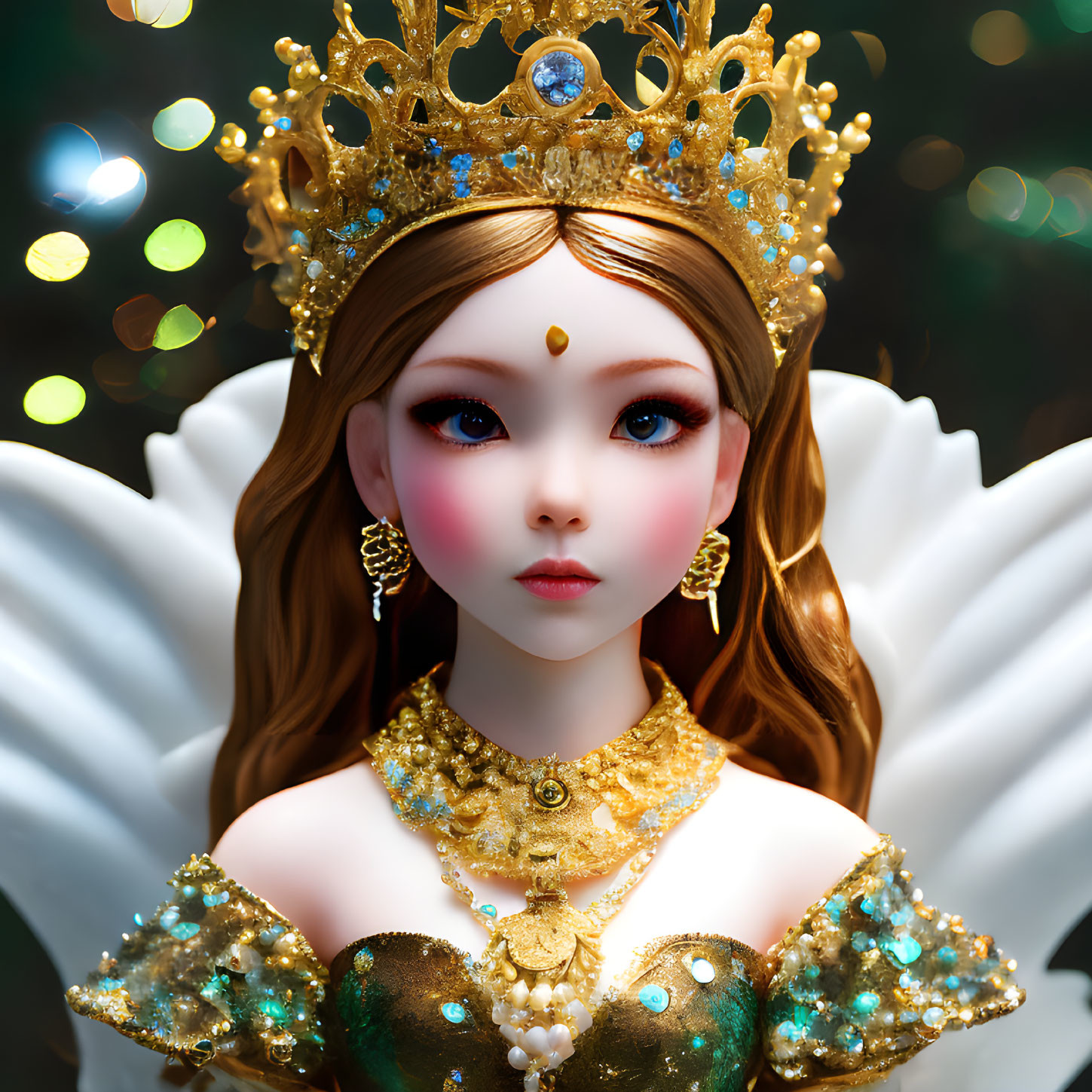 Regal doll with golden crown and jeweled attire on bokeh background