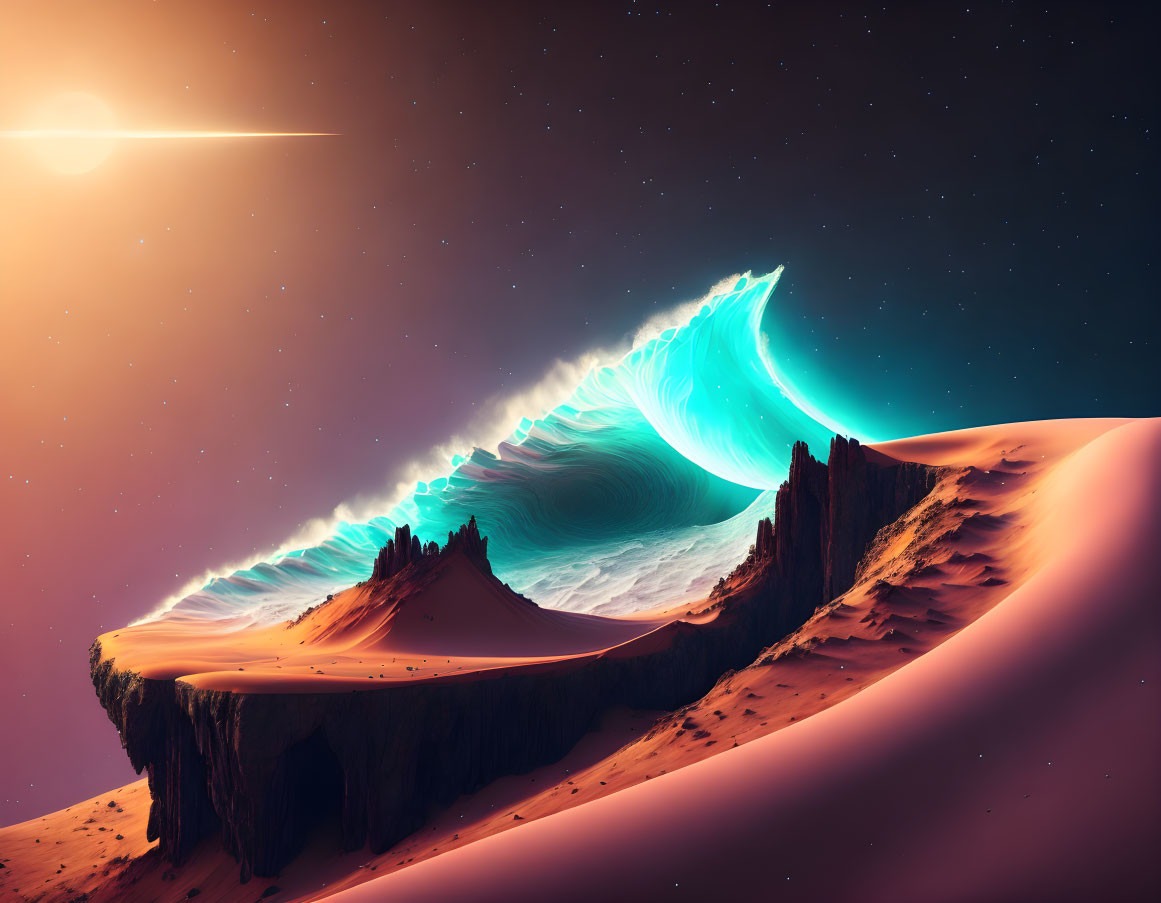 Surreal desert landscape with glowing blue wave and starlit sky