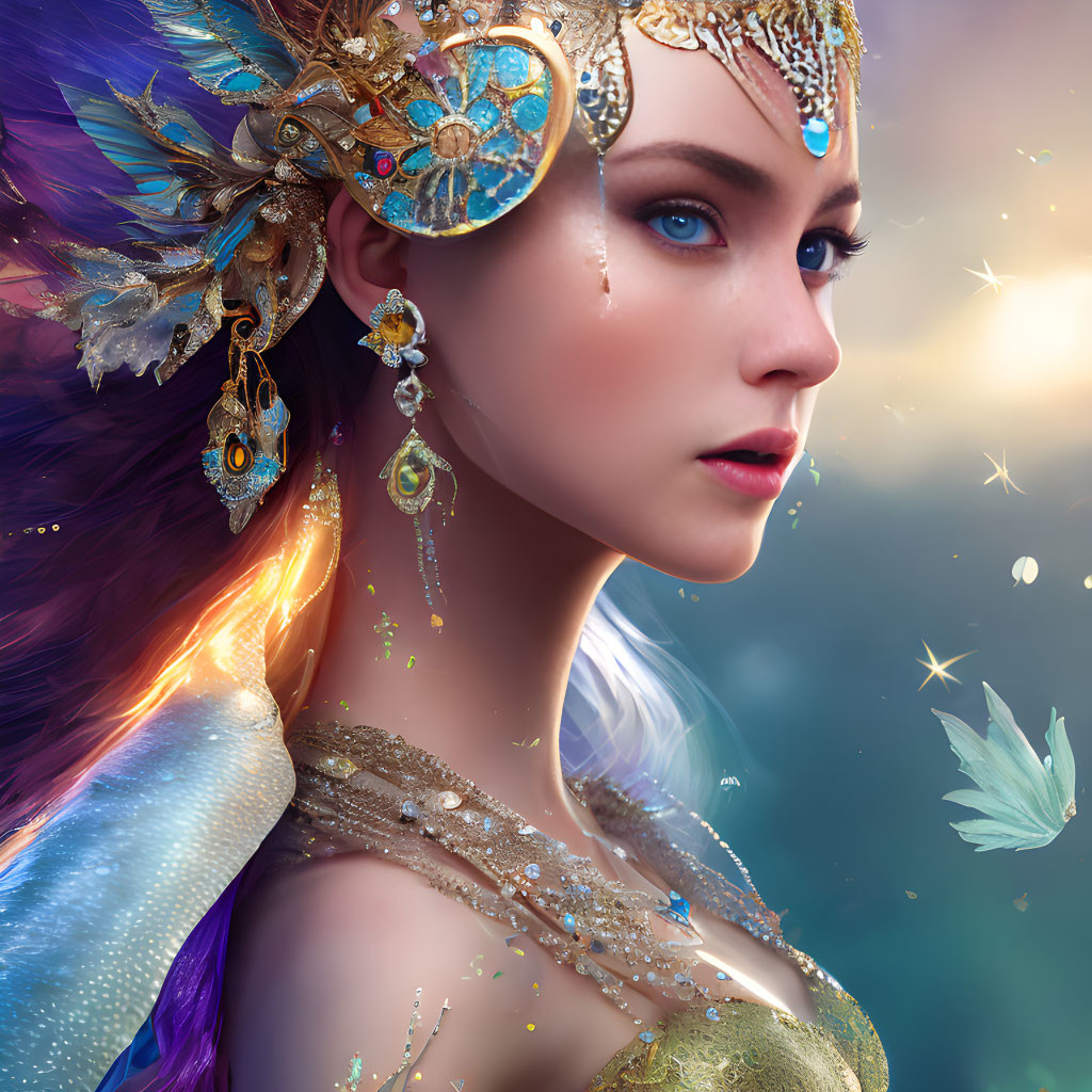 Vibrant purple-haired female figure with golden headdress in magical scene