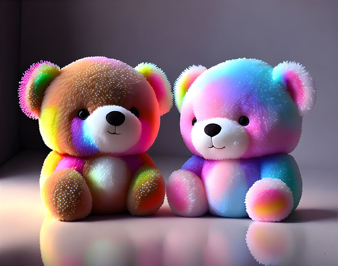 Rainbow-Hued Teddy Bears with Soft Glow on Shadowed Background