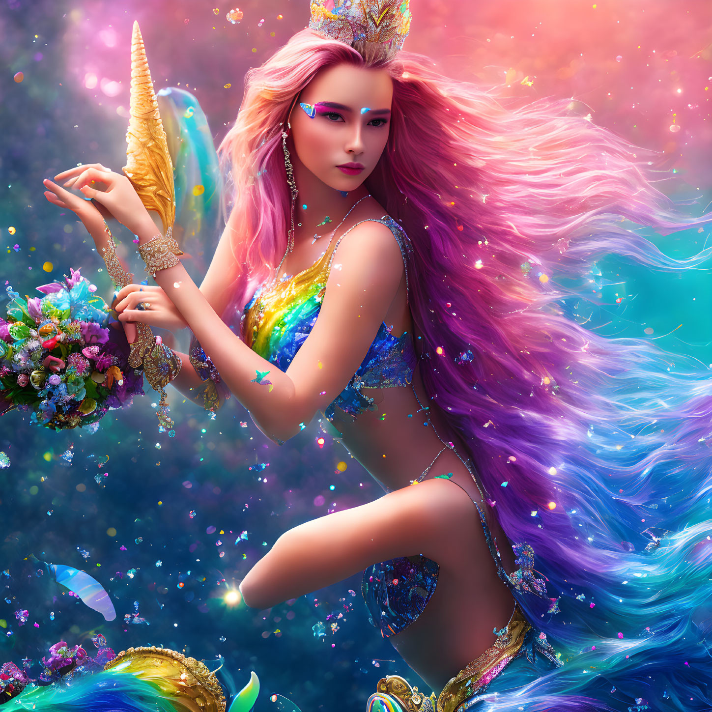 Fantasy-themed image of person with purple hair, mermaid tail, horn, and jewelry on glitter