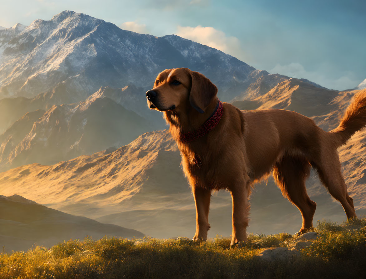 Golden Retriever on Grass Hill with Snow-Capped Mountains