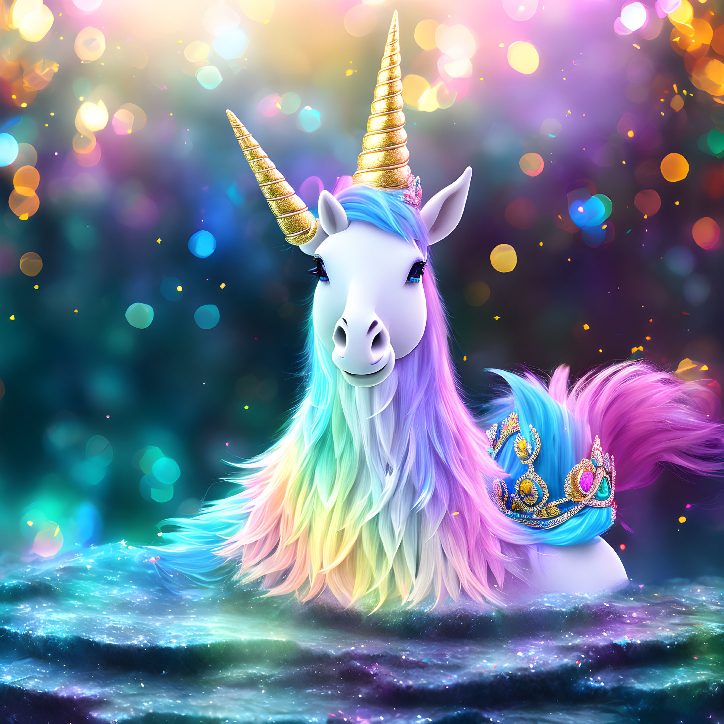 Colorful Unicorn with Rainbow Mane and Golden Horn on Bokeh Background