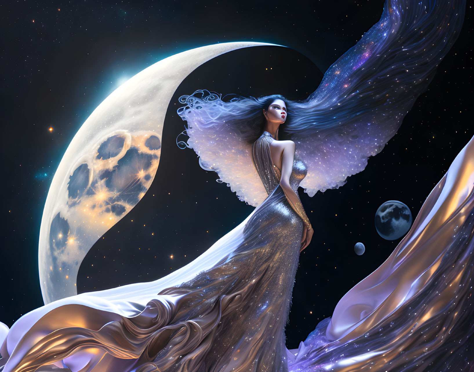 Celestial woman with flowing gown in cosmic setting