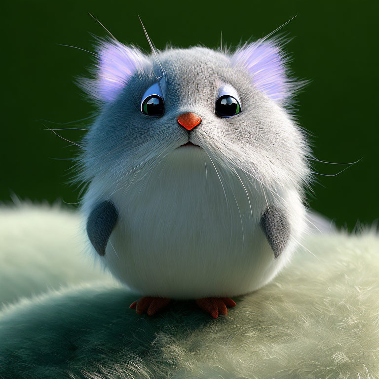 Fluffy Gray Animated Creature with Blue Eyes on Fuzzy Surface