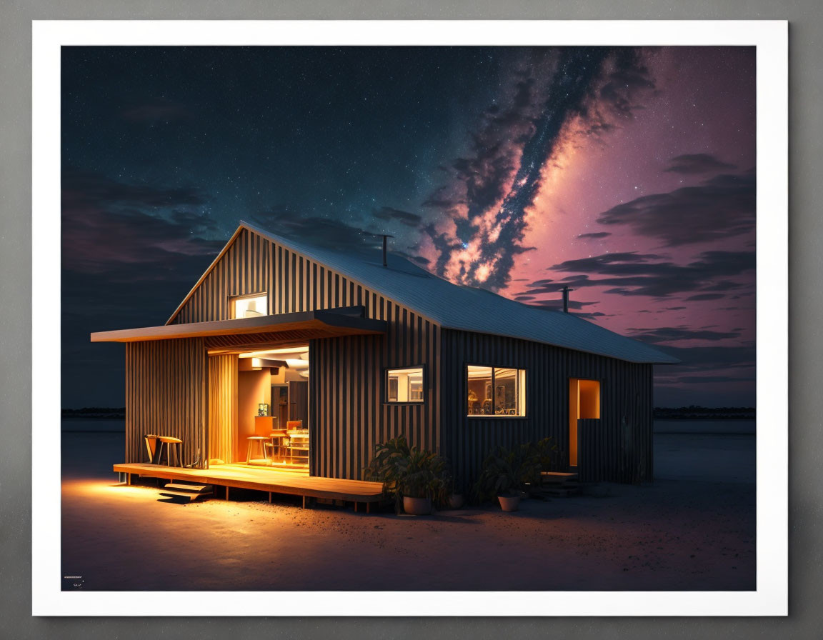 Night Sky Cabin by Serene Water: Cozy, Illuminated Retreat