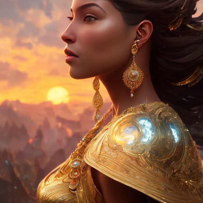 Woman adorned with golden jewelry against sunset and mountains