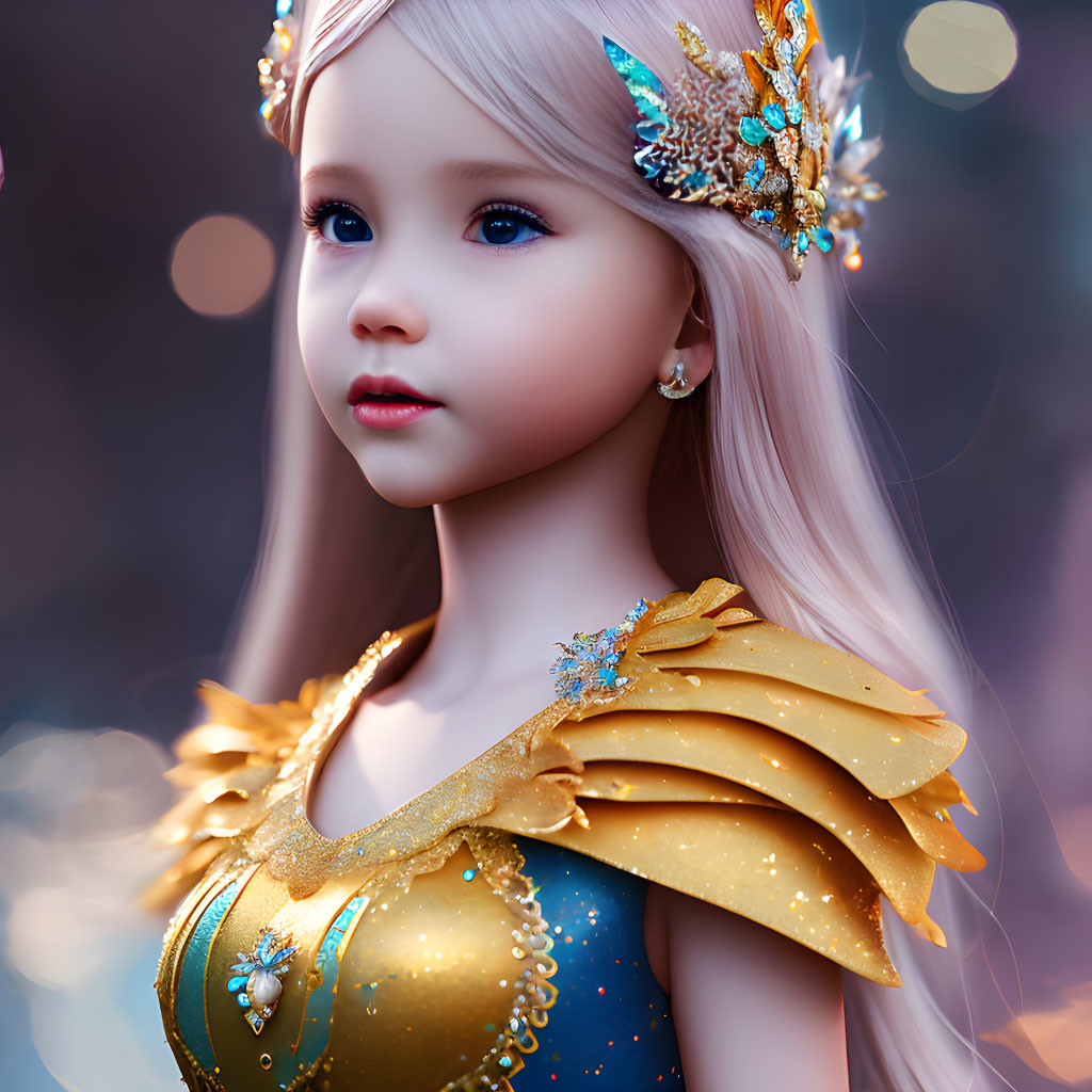 Young girl with blond hair wearing golden crown and armor in digital artwork