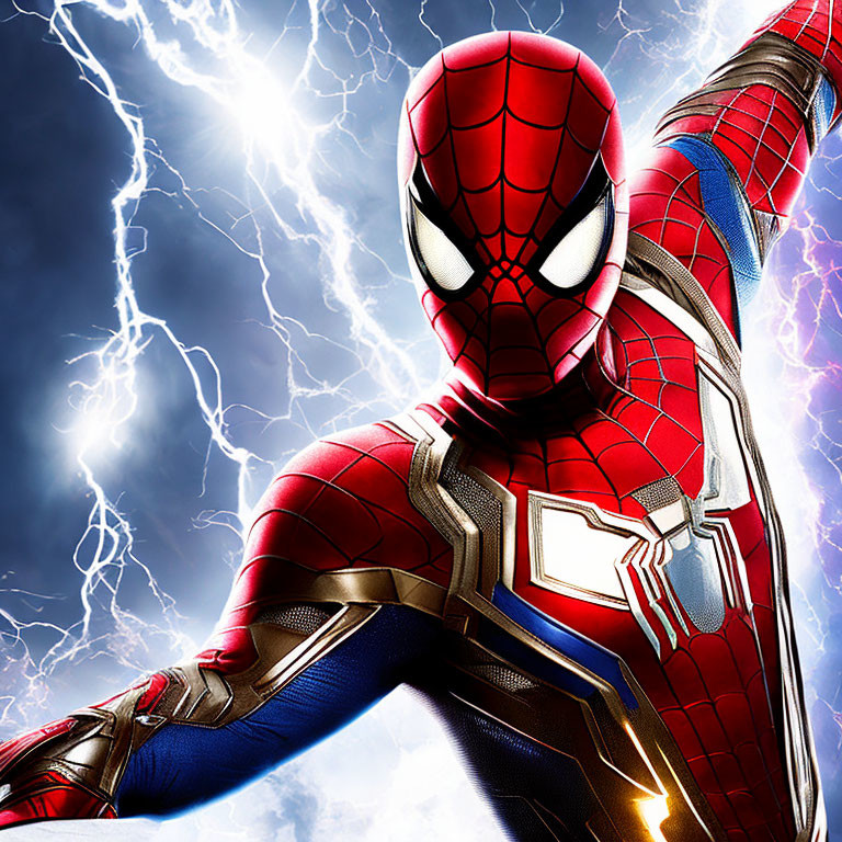 Vibrant Spider-Man in red and blue suit under dramatic sky