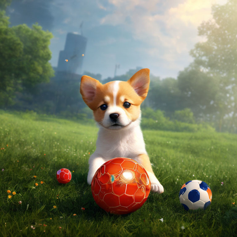 Adorable corgi puppy with soccer balls and castle in sunny setting