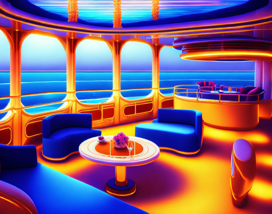 Modern interior design in blue and orange hues with sleek furniture and curved windows