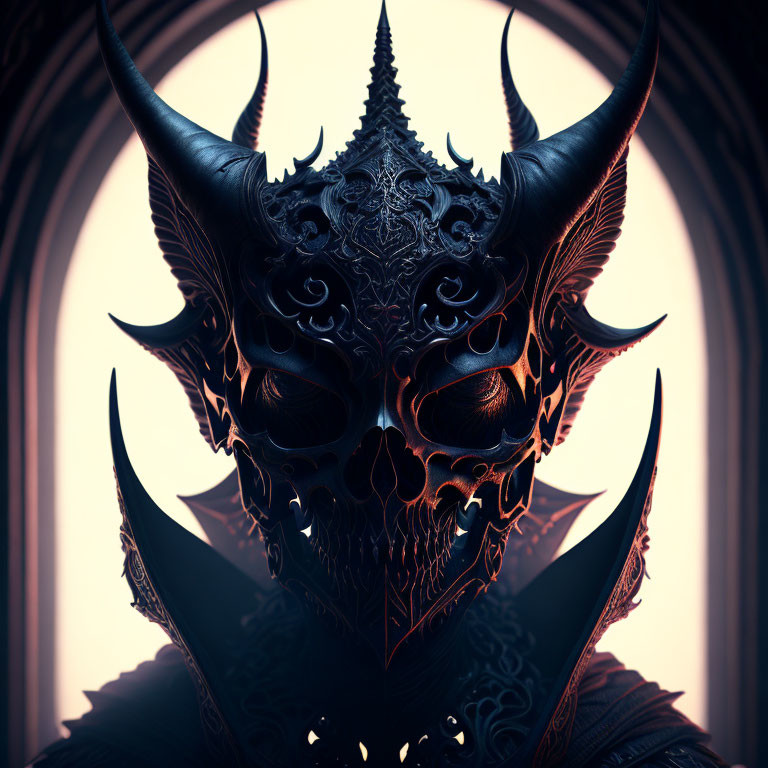 Detailed gothic fantasy illustration of horned demonic skull with ornate designs against arched backdrop
