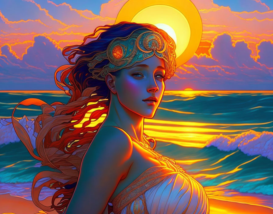 Illustrated woman with flowing hair and ornate headgear at vibrant ocean sunset