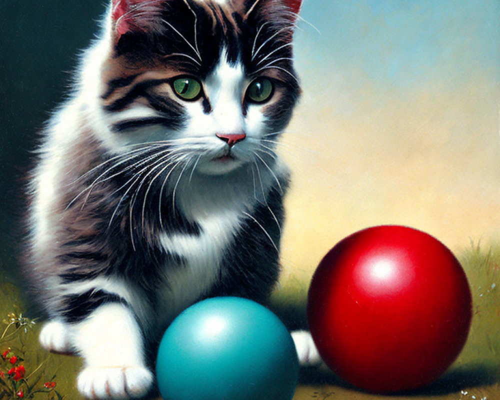 Realistic black and white cat with colorful balls on grass.