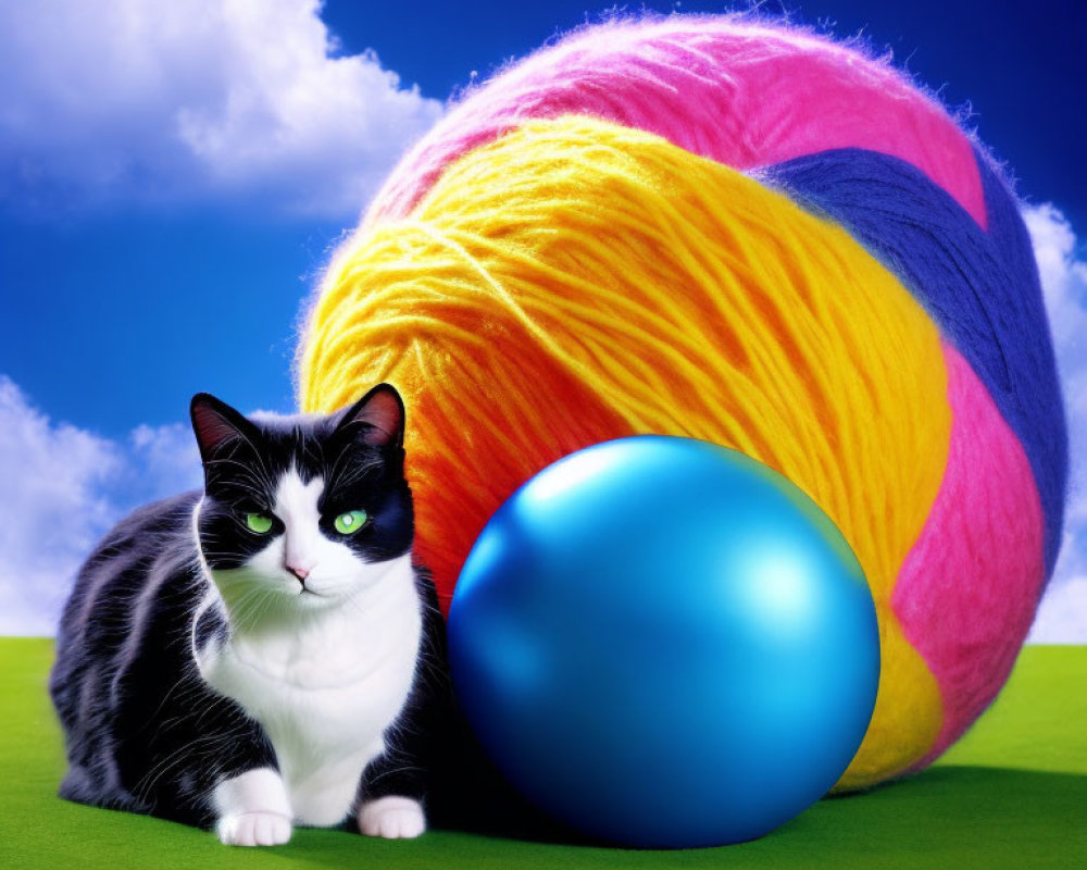 Black and white cat with colorful yarn ball on blue sky background