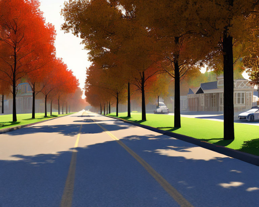 Tranquil suburban road with vibrant autumn trees