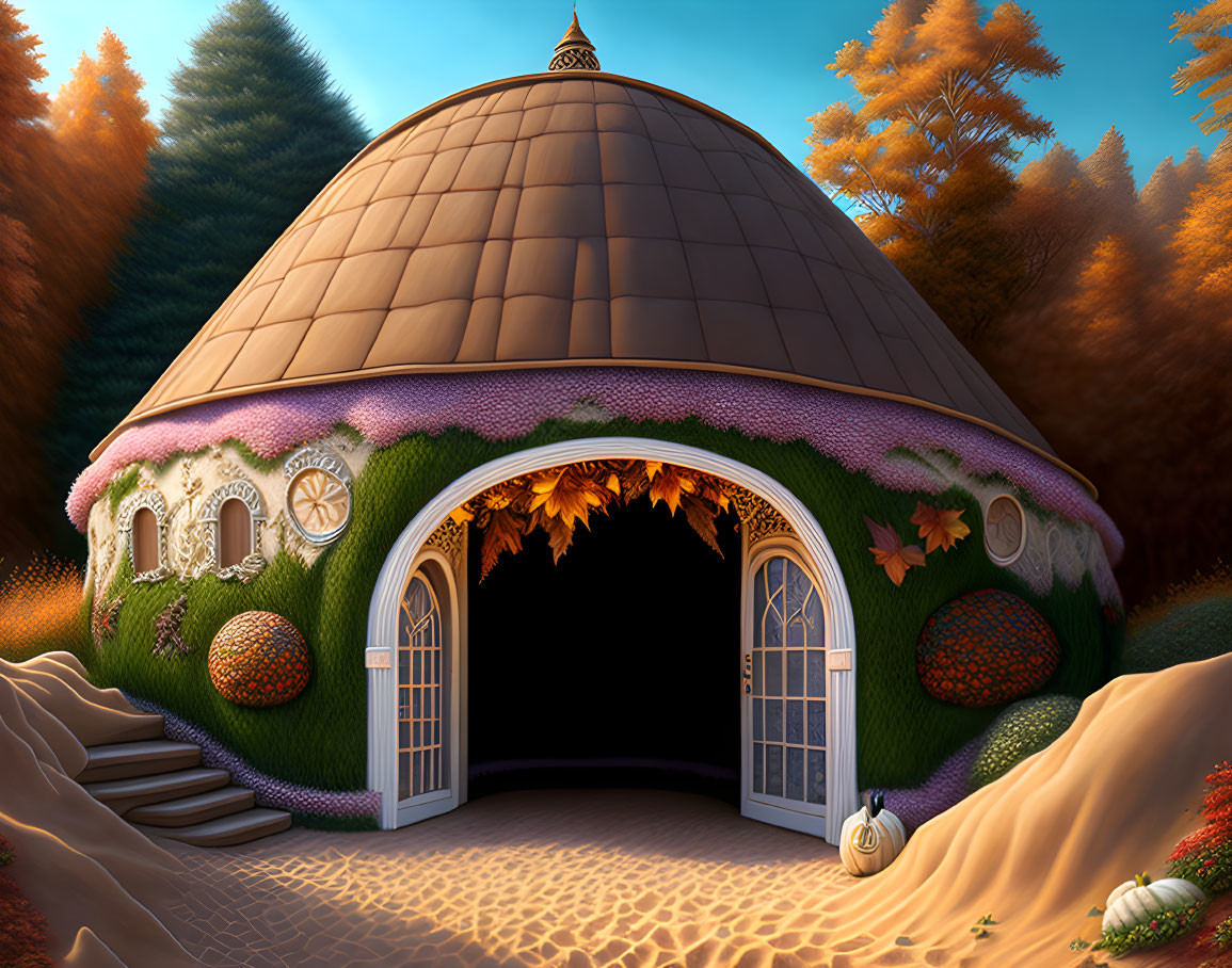 Autumn-themed cottage with domed roof and fall foliage decor