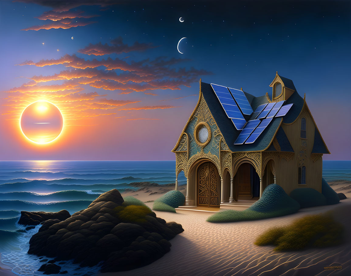 Whimsical house with blue solar panels on serene beach at night