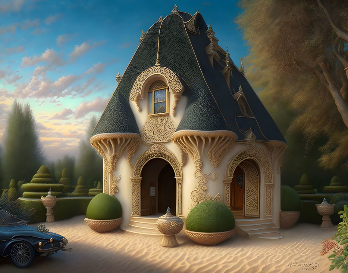 Enchanting storybook-style house with round topiary bushes and vintage car in twilight forest