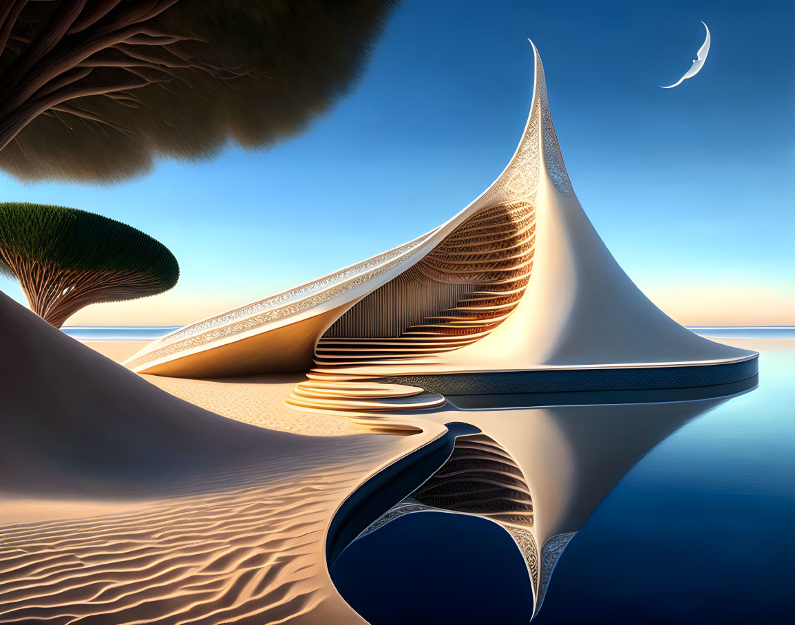 Futuristic structure with reflective surfaces in desert oasis at twilight
