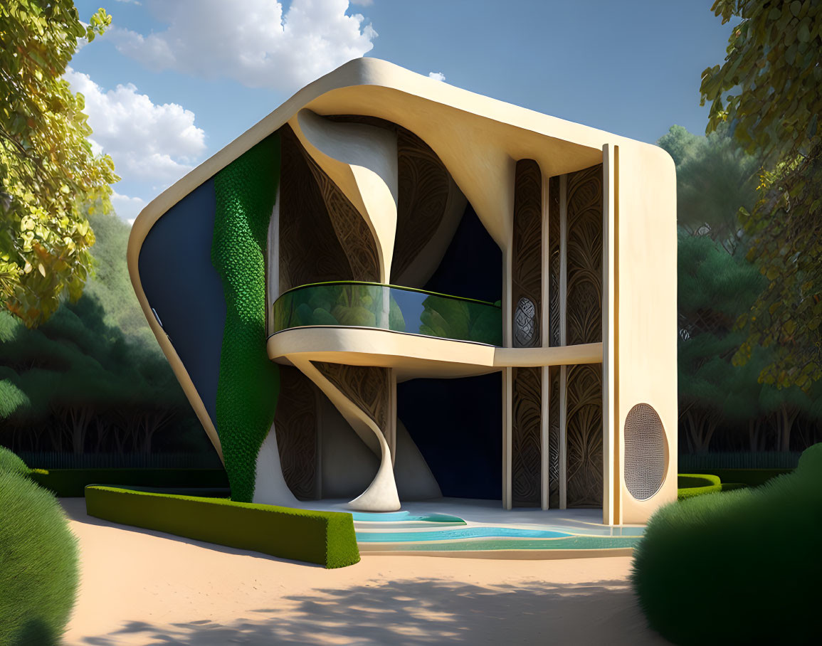 Abstract-designed building with curves, large windows, and balcony in green landscape