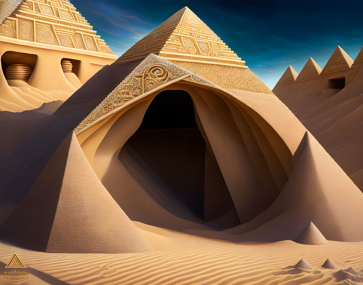 Surreal image of ornate golden pyramids in desert landscape