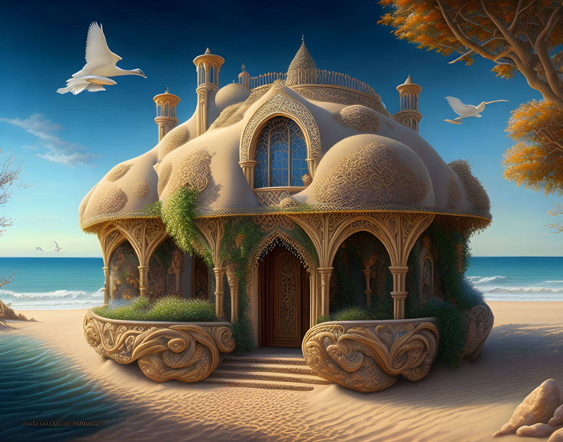 Ornate Fantasy House on Sandy Beach with Dome Roofs
