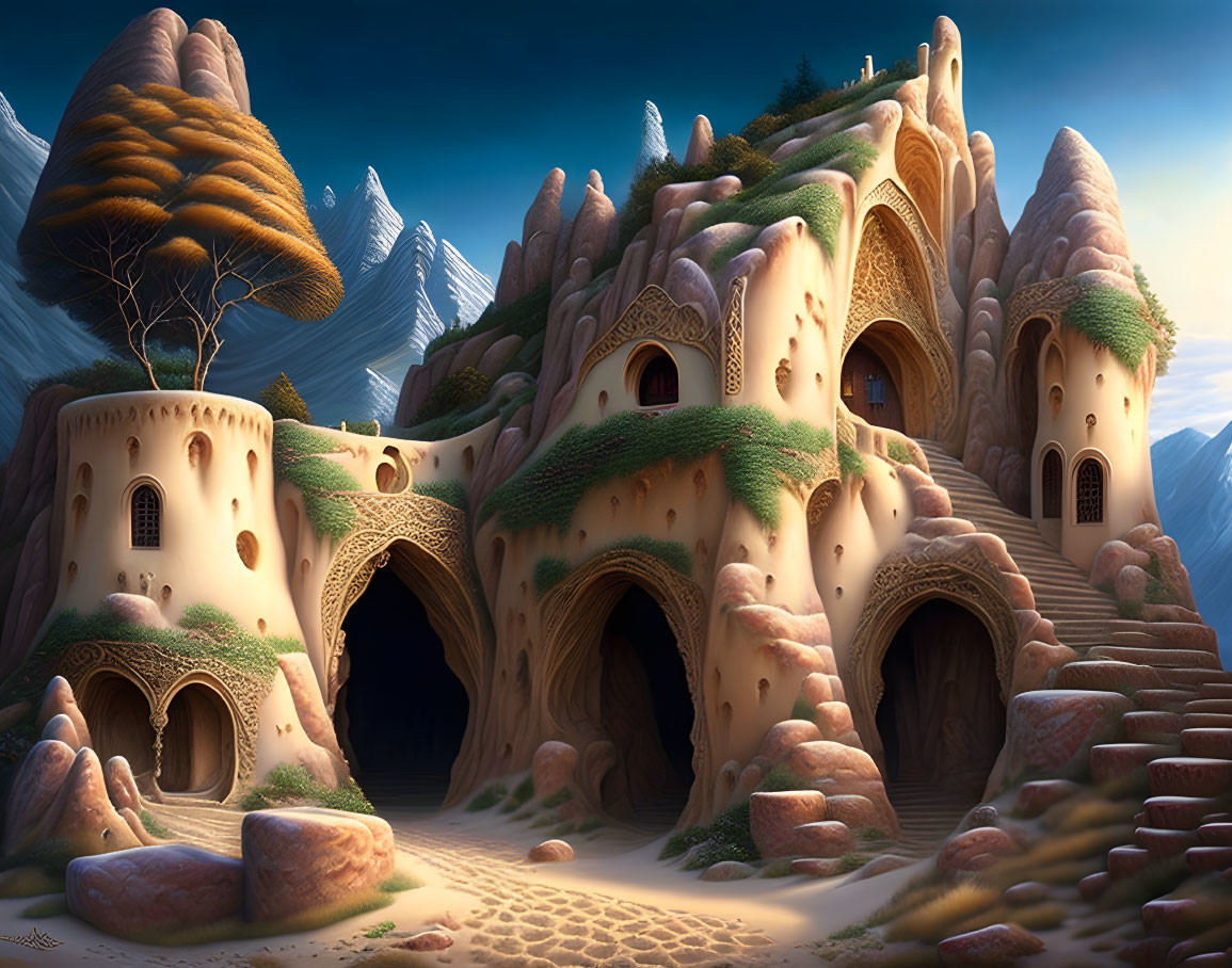 Earthen hobbit-like houses with circular doors and windows amidst towering mountains at twilight